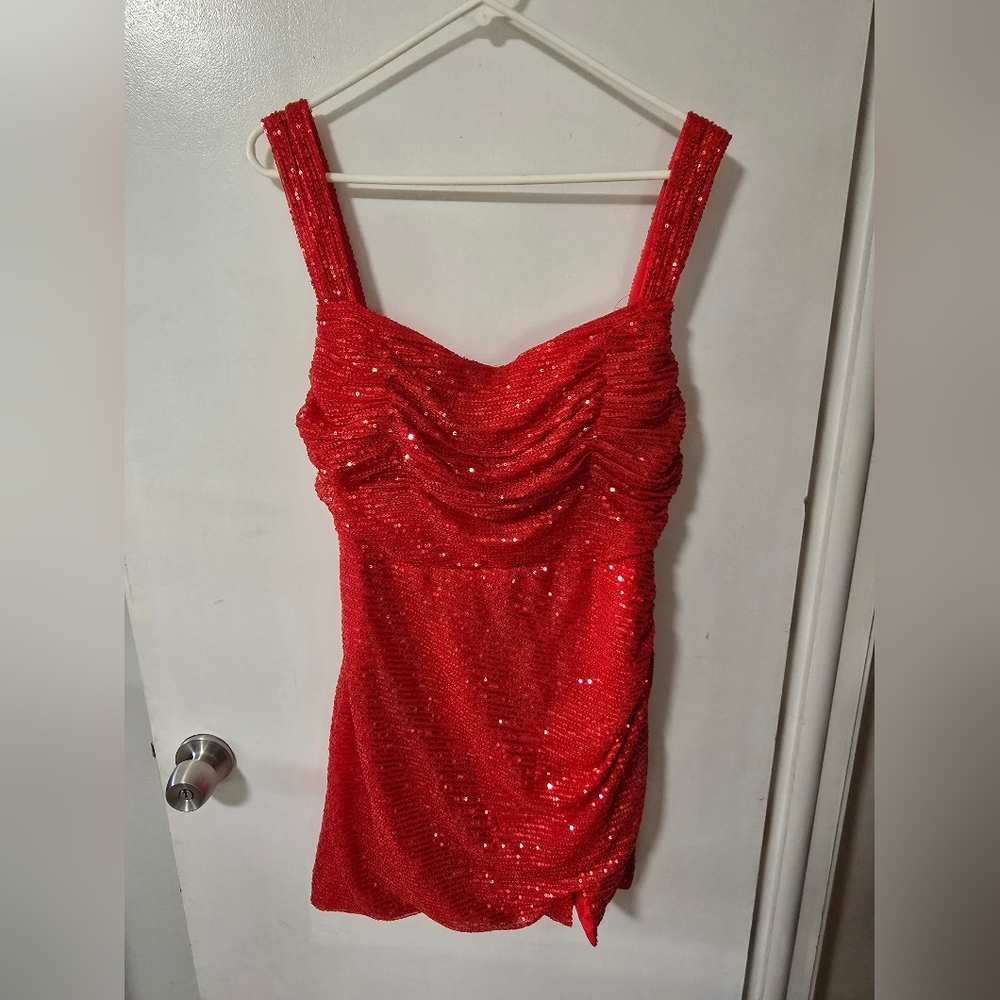 Red Sequin Bodycon Mini Dress Women’s Small Ruched Open Back Party Club Holiday